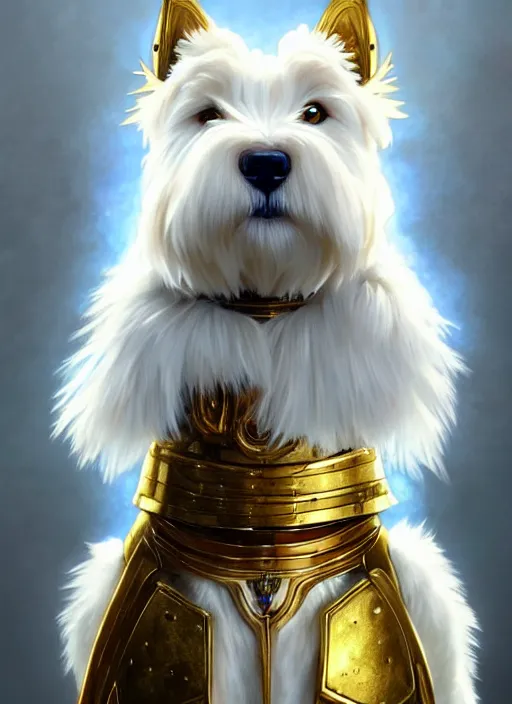 Image similar to a west highland white terrier sitting politely, anime art style, wearing futuristic, golden armor, portrait, high detail, sharp focus, digital painting, artstation, concept art, art by hayao miyazaki and artgerm and greg rutkowski and alphonse mucha.