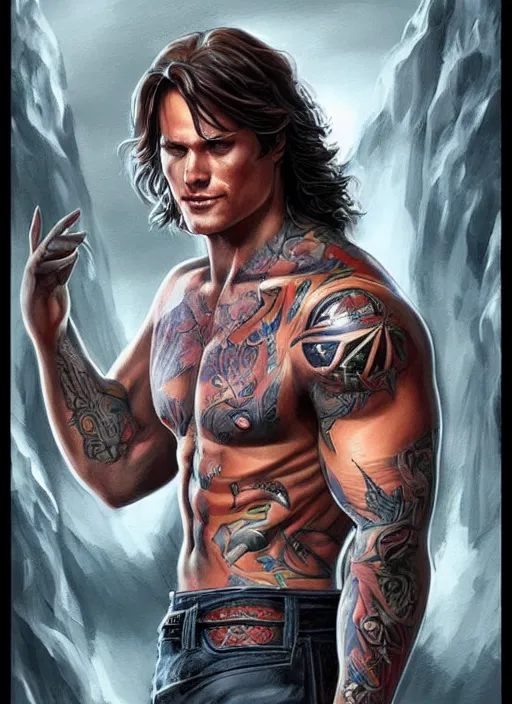 Image similar to handsome! Sam Winchester as a muscular whole body tattooed with runes and religious symbols, urban fantasy romance book cover, D&D!, fantasy style, sharp focus!, ultra detailed, art by Artgerm and Peter Andrew Jones, WLUP