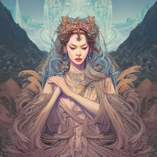 Image similar to ethereal ancient princess in the mountains, extremely detailed, sharp focus, wide view, full body shot, smooth, digital illustration, by james jean, by rossdraws, frank franzzeta, sakimichan