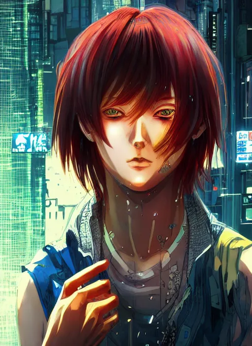 Image similar to manga cover, red-haired teenager with yellow skin and blue facial markings, short hair, intricate cyberpunk city, emotional lighting, character illustration by tatsuki fujimoto