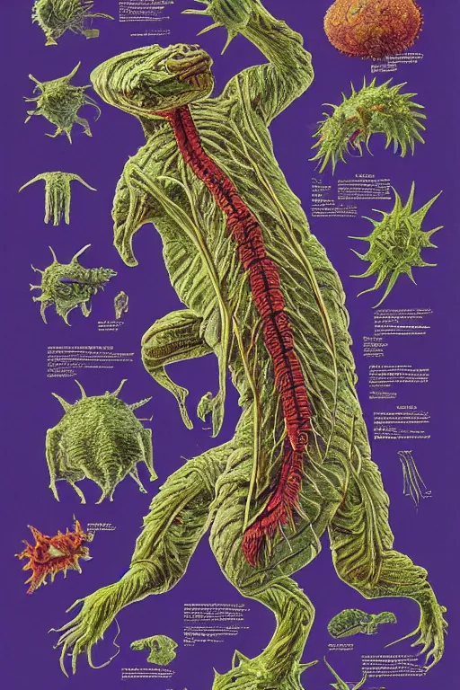 Image similar to biology textbook page, kaiju, 1990s, vintage, anatomy, photographic, kodak portra 400, 8k