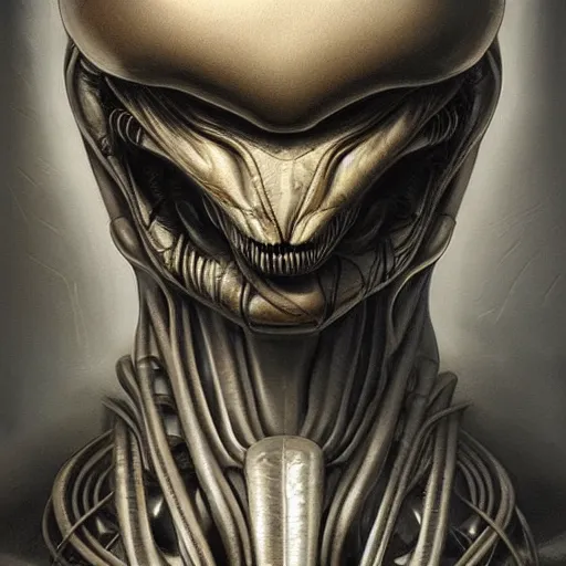 Prompt: portrait of an alien, by giger, detailed, dramatic lighting, biomechanical, trending on artstation