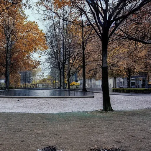 Prompt: a picture of a park that on one side looks vivid and nice, but on the other side dark, dead and gloomy dystopian colored