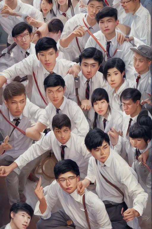 Image similar to low angle shot, wide lens of group of young asian student with white uniform looking at the camera, octane render, photorealism, masterpiece painted by jc leyendecker, 8 k, high detail, fantasy art, dnd, artstation,