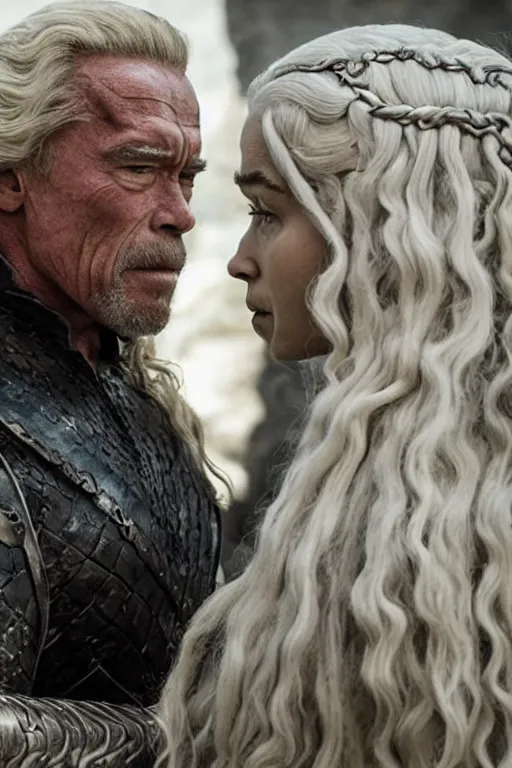 Prompt: still of arnold schwarzenegger as daenerys targaryen in game of thrones ( 2 0 1 1 ), promotional still