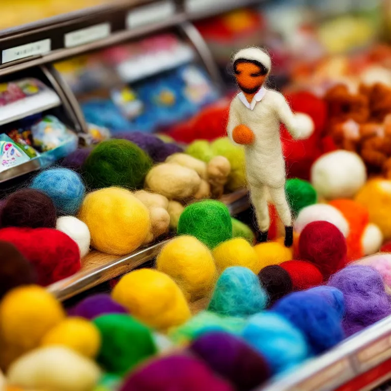 Image similar to needle felted person buying food at supermarket, highly detailed, tilt shift, cute, hyperrealism, highly textured, god rays