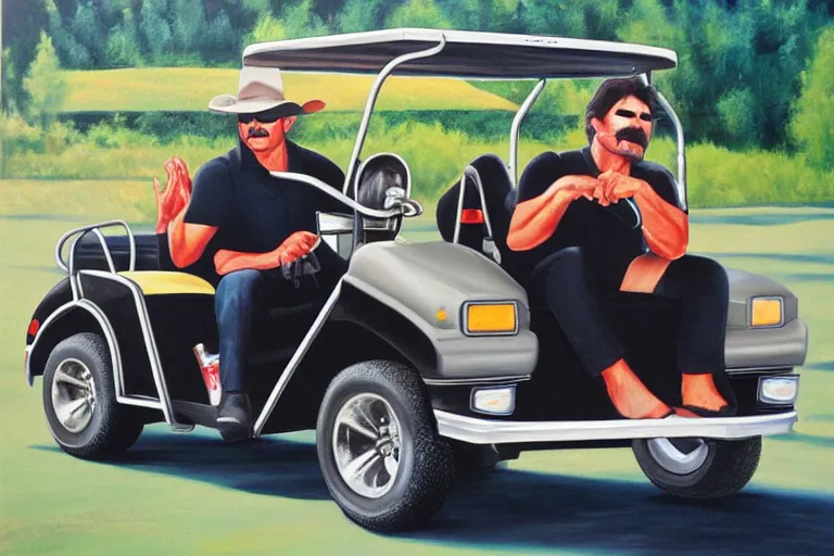 Image similar to black velvet painting of burt reynolds from smokey and the bandit driving a golf cart