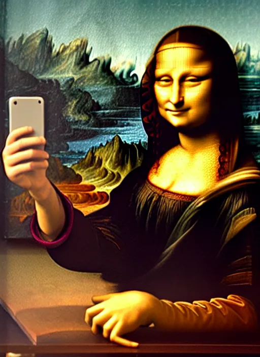 Image similar to oil painting of Mona Lisa holding up an iPhone to take a selfie by Leonardo Da Vinci