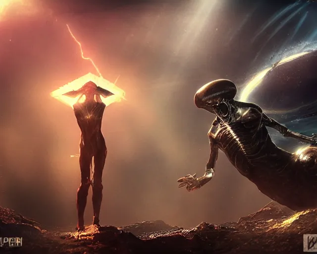 Prompt: alien pirates praying for forgiveness, hopeful, flesh and metal, blissful, agitated, scared, color theory, singularity, sharp focus, by Kurosawa, epic tale of the twin sisters, web, detailed, composition, chaotic, transhumanist dancing, god rays, lens flares, dramatic lighting, volumetric lighting, unreal engine, futuristic, hybrid