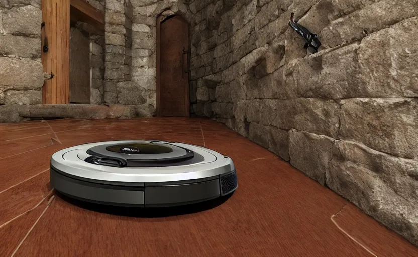 Prompt: A roomba avoiding danger in a fantasy medieval dungeon, epic