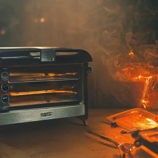 Image similar to cyborg with toaster oven chest, dark messy smoke - filled cluttered workshop, dark, dramatic lighting, orange tint, sparks, cinematic, highly detailed, sci - fi, futuristic, movie still