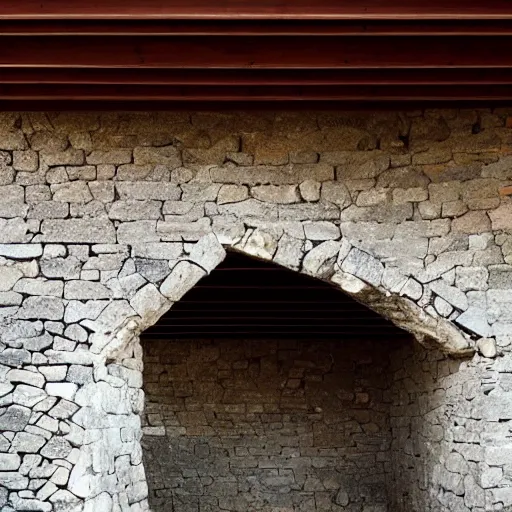 Prompt: “ a structurally optimized wooden truss spanning between two stone walls. ”