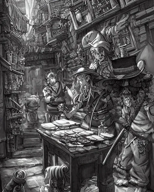 Image similar to A merchant selling treasuries and potions, high detailed store, black and white, fantasy art, goblin art, in the style of masami kurumada, illustration, epic, fantasy, intricate, hyper detailed, artstation, concept art, smooth, sharp focus, ray tracing