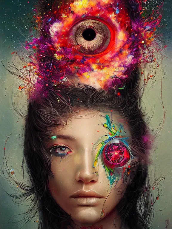 Prompt: art portrait of an eye with flower exploding,by tristan eaton,Stanley Artgermm,Tom Bagshaw,Greg Rutkowski,Carne Griffiths,trending on DeviantArt,face enhance,chillwave,minimalist,cybernetic, android, blade runner,full of colour,