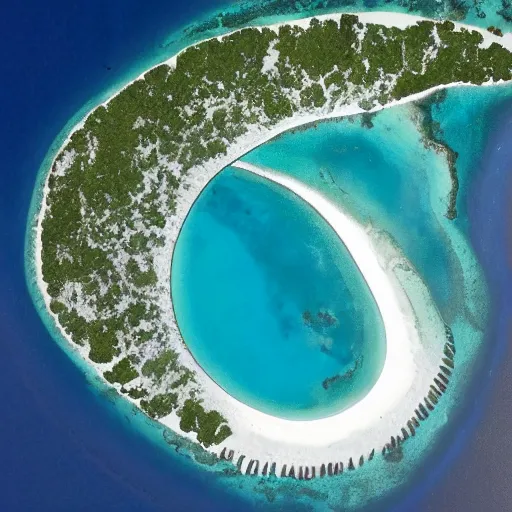 Prompt: satellite imagery of maldives island shaped like a pointed oval