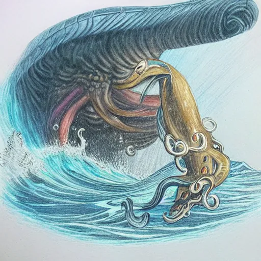 Image similar to coloured pencil drawing of a wonderful an big galion attacked by a giant octopus, rainy day an big waves. d & d, illustration, realism, trending on artstation