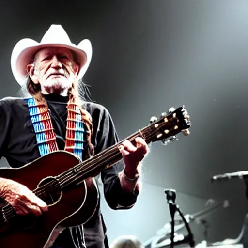 Image similar to willie nelson on stage, four fingers holding a guitar. god rays through fog.