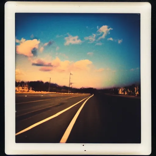 Image similar to instant photograph of the sky, polaroid, raw, beautiful, nostalgic, light leak, sunset, clouds, highway