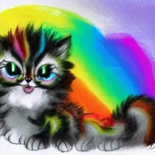 Image similar to wide angle full body, of a fluffy cute rainbow kitten wearing a black leather motorcycle jacket, concept art