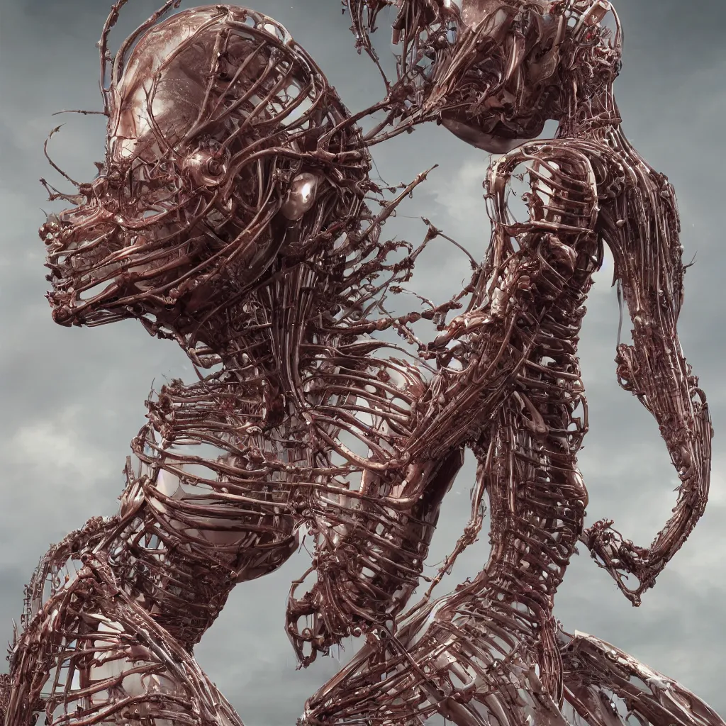 Image similar to a beautiful female is infected with a biomechanical suit, octane render, hyper realistic, art by hr giger and zdzisław beksinski, full profile, multiple angles