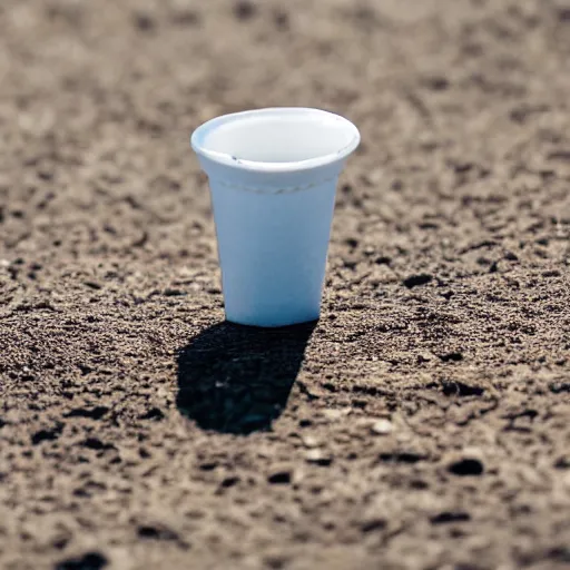 Prompt: a small man siting on an edge of cup