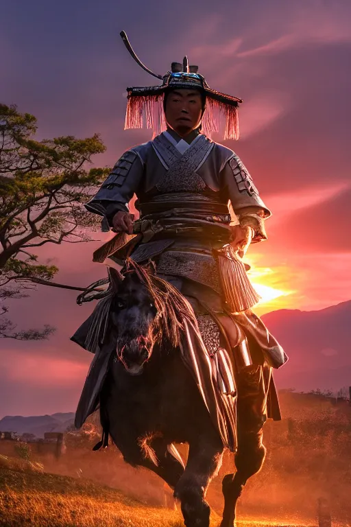 Prompt: highly detailed samurai warlord on a horse, atmospheric background, Japanese castle on background, sunset light, natural volumetric lighting, Toshiro Mifune, 8k,