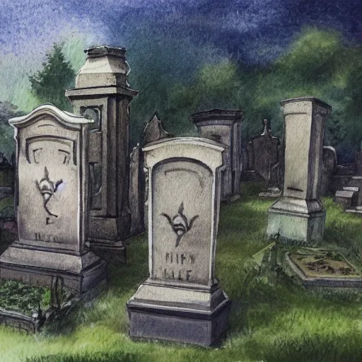 Image similar to water color on paper, walk in the cemetery, highly detailed, artstation, masterpiece, award - winning,