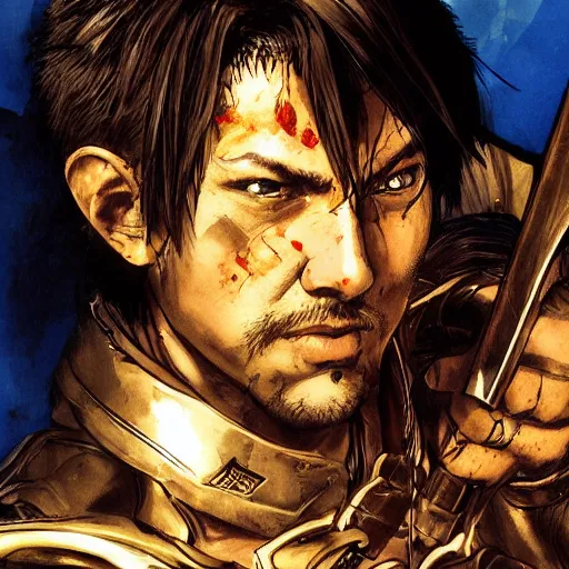 Image similar to portrait of a hero holding his sword in front of his face by yoji shinkawa, high quality, extra details, realism, ornate, colored, golden chain, blood, white skin, short hair, brown eyes, vivid, sunlight, dynamic, american man, freedom, heroism