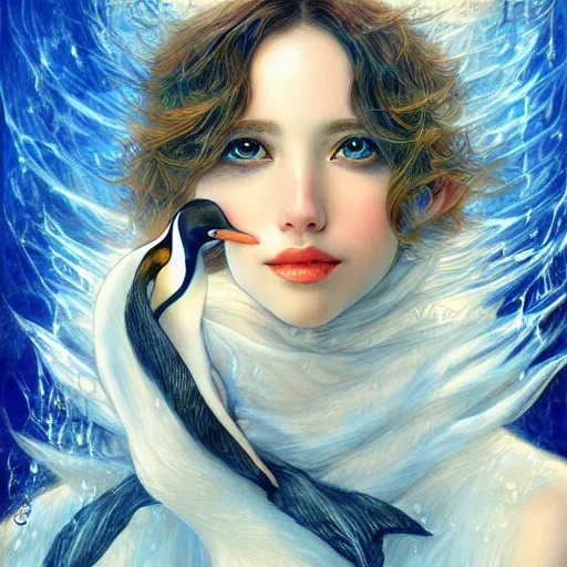 Prompt: a beautiful penguin manipulating water by karol bak, ayami kojima, artgerm, river, water, blue eyes, smile, concept art, fantasy