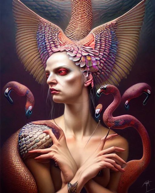 Image similar to a detailed portrait of dreampunk flamingo python hybrid mix goddess by tomasz alen kopera and peter mohrbacher