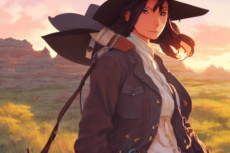 Image similar to western cowgirl in the badlands, single subject, scenic full shot, ambient lighting, detailed face, by makoto shinkai, stanley artgerm lau, wlop, rossdraws