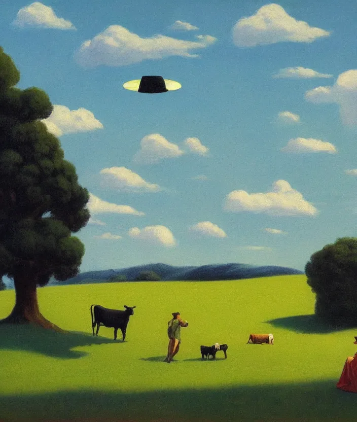 Image similar to a highly detailed painting of a ufo over a meadow, one cow is being abducted by an ufo, ufo has green light, very fine brush strokes, baby blue sky with aesthetic clouds, in the style of edward hopper, 4 k,