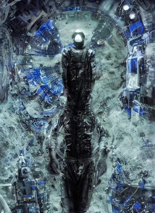 Image similar to astronauts in dark and empty void underwater - complex and hyperdetailed technical suit. reflection and dispersion materials. rays and dispersion of light. volumetric light. 5 0 mm, f / 3 2. noise film photo. flash photography. ultra realistic, wide angle. poster by wayne barlowe, hajime sorayama aaron horkey, craig mullins