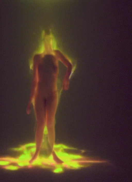 Image similar to a symmetrical female astral projection, thick liquid glowing aura, motion blur, film grain, cinematic lighting, experimental film, shot on 1 6 mm