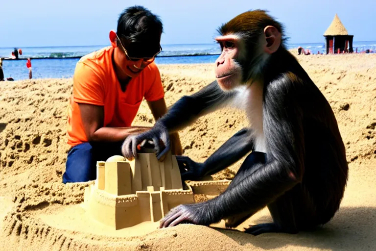 Image similar to a monkey touching a completed sand castle