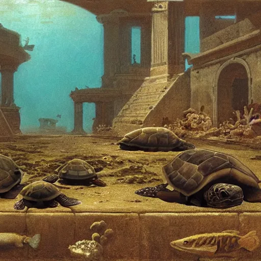 Image similar to turtles underwater in ruined city of Atlantis , by Michael Sowa