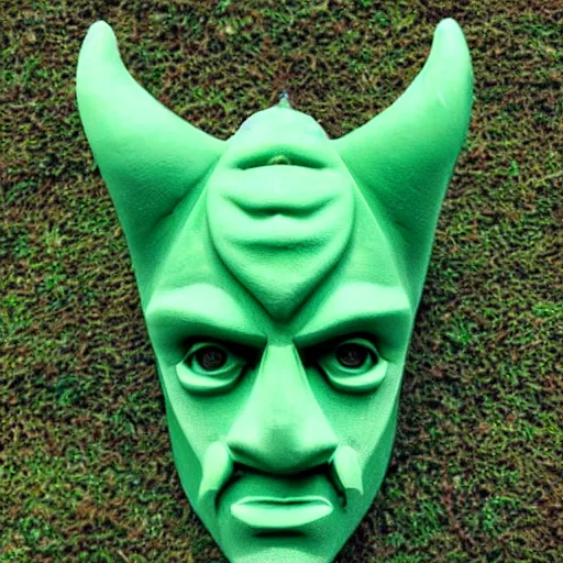Image similar to green cube with face and horns