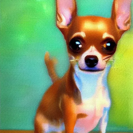 Prompt: chihuahua holding a camera, impressionist oil painting