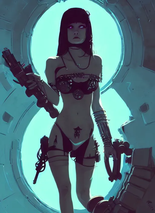 Image similar to portrait of cute goth girl in cyber bikini armor, warhammer, cyberpunk, by atey ghailan, by greg rutkowski, by greg tocchini, by james gilleard, by joe fenton, by kaethe butcher, by gustav klimt, dynamic lighting, gradient light blue, brown, blonde cream and white color in scheme, grunge aesthetic