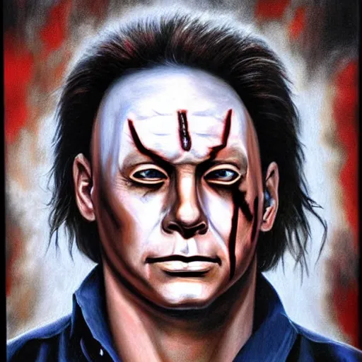 Image similar to an ultra - realistic portrait painting of michael myers in the style of alex ross. 4 k. ultra - realistic. highly detailed. epic lighting.