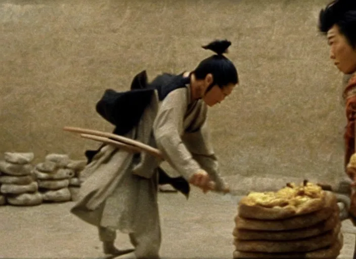 Image similar to a movie still of a samurai slicing through a loaf of bread by Akira Kurosawa