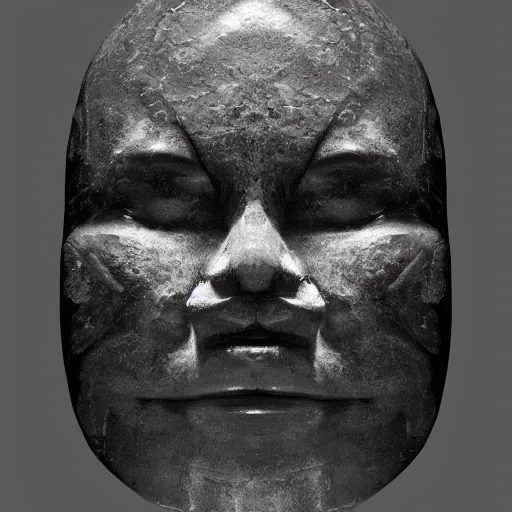 Image similar to a face carved of black marble on a black background. symmetry. ominous shapes. lighting from the bottom. trending on artstation