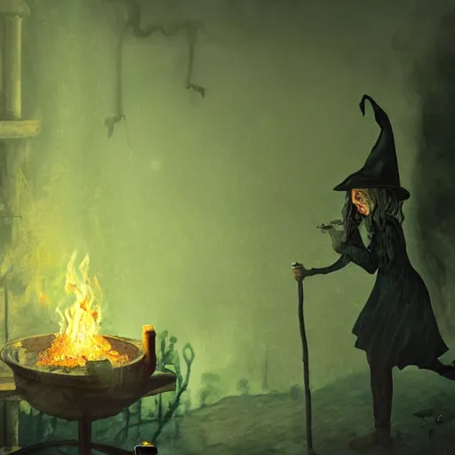 Image similar to close shot of a witch brewing in her lair, depressing, gloomy, tired, detailed, witch hat, dungeon, green smoke, fire, smoke, realism, realistic, hyper detailed, green lighting, ambient lighting, smoke, haze, bokeh, acrylic, digital painting,