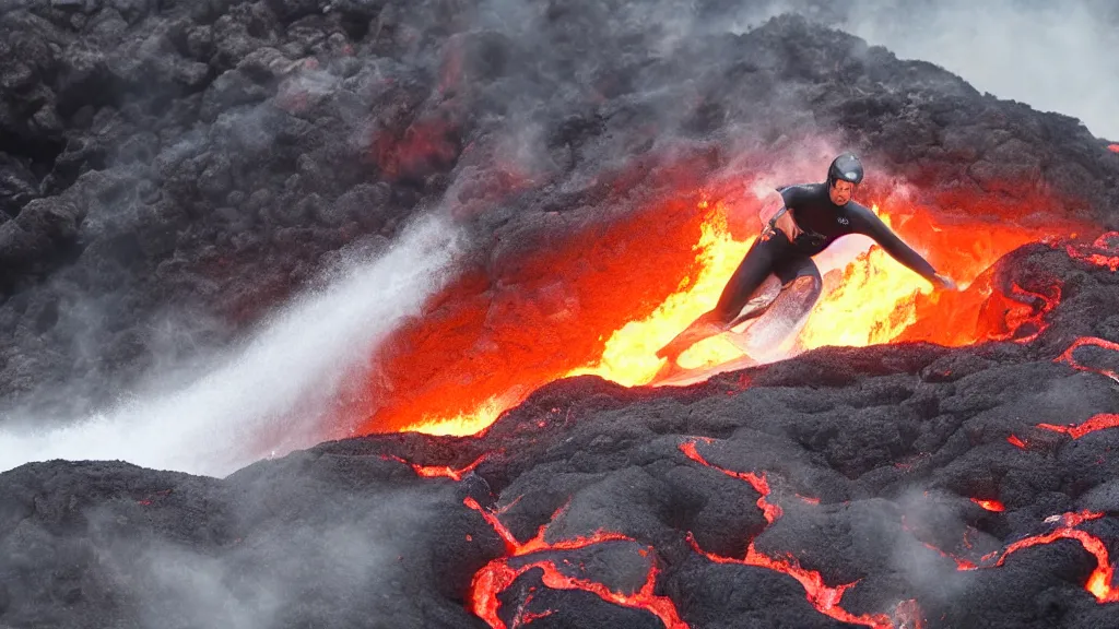 Prompt: person wearing a sponsored team jersey with logos surfing down a river of lava on the side of a volcano on surfboard, action shot, dystopian, thick black smoke and fire, sharp focus