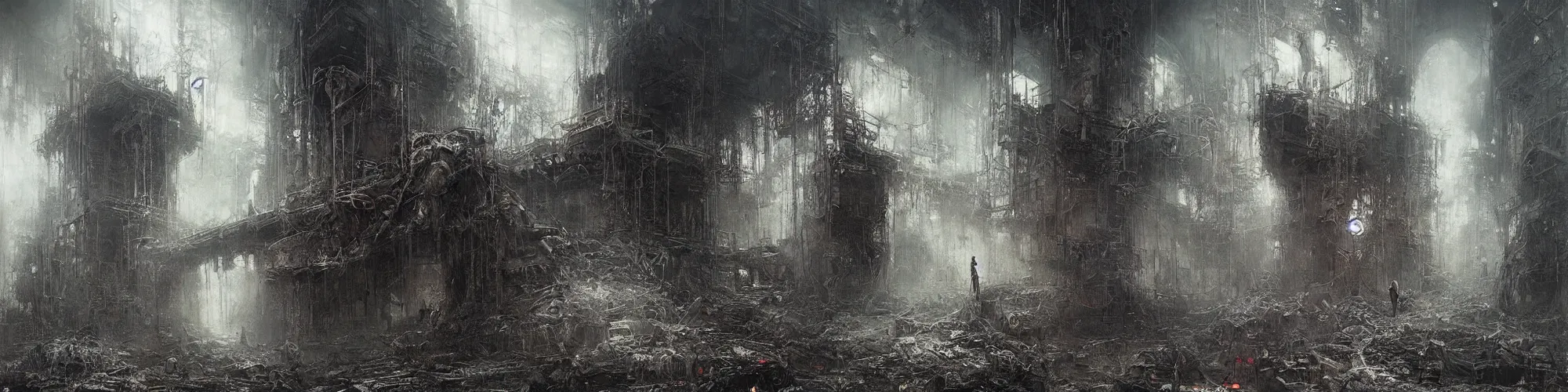 Image similar to lost and alone in an industrial wasteland by gustave dore and gustave moreau and beksinski and giger and craig mullins and jeremy mann