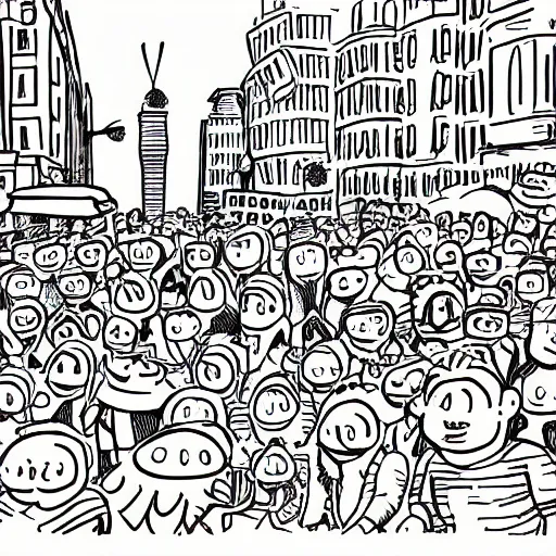 Image similar to waldo in a crowd hand drawn cartoon busy city scene with lots of people doing activities and not paying attention comic antics goofy