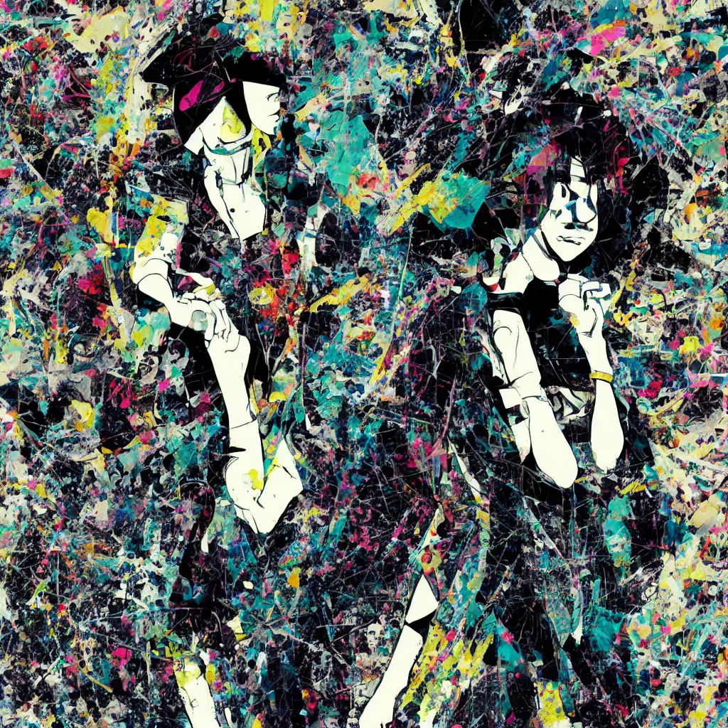 Image similar to girl figure, abstract, jet set radio artwork, ryuta ueda artwork, cryptic, rips, spots, asymmetry, stipple, lines, glitches, color tearing, pitch bending, stripes, dark, ominous, eerie, hearts, minimal, points, otomo katsuhiro artwork, technical, natsumi mukai artwrok, folds