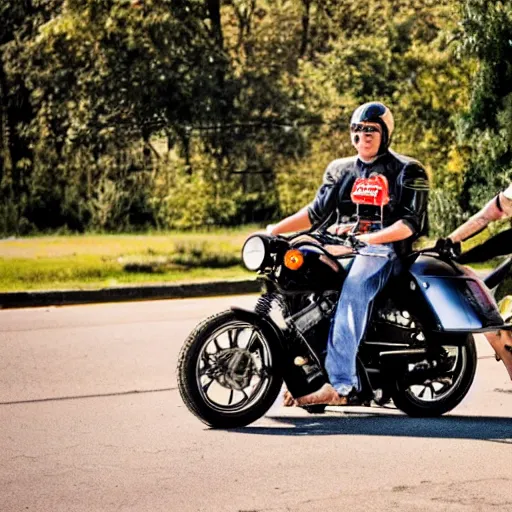 Prompt: boerboel as a motorcycle biker in front of wafflehouse