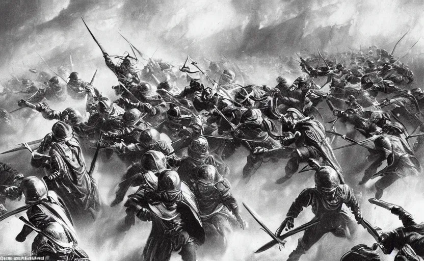 Image similar to dramatic cinematic artwork from above an army of warriors charging toward the enemy with the commander at the front with his sword raised by greg rutowski