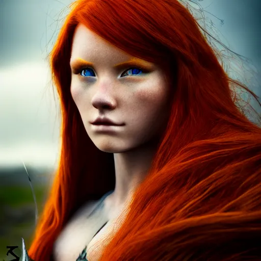 Prompt: north female warrior, red hair, ginger hair, fantasy, high detailed, photography, cloudy, lightweight armor, Scandinavia, plain, Authentic, detailed face, cute face, professional model, professional photographer, masterpiece, 8k, 3D